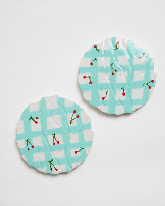 Cherry Gingham Concrete Coasters (Set of 2)